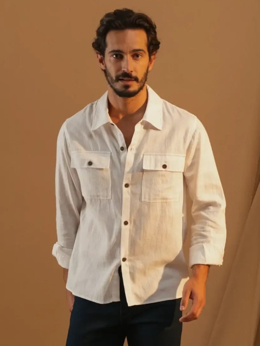 SMF White Linen Blend Long Sleeve Overshirt/4304